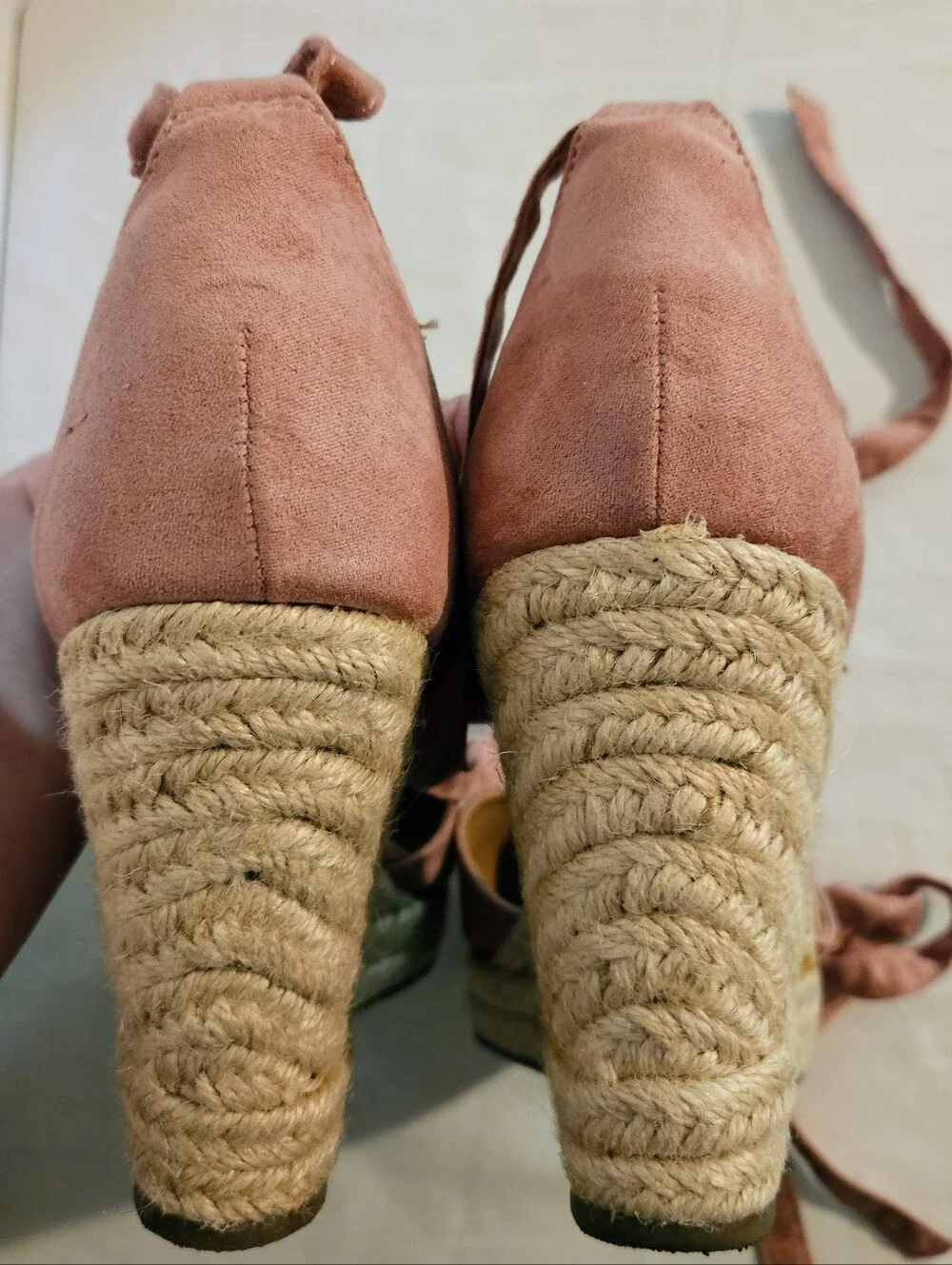 Brash Escape Dusty Rose Mauve Faux Suede Espadrille Wedge Sandals Ankle Tie 7.5